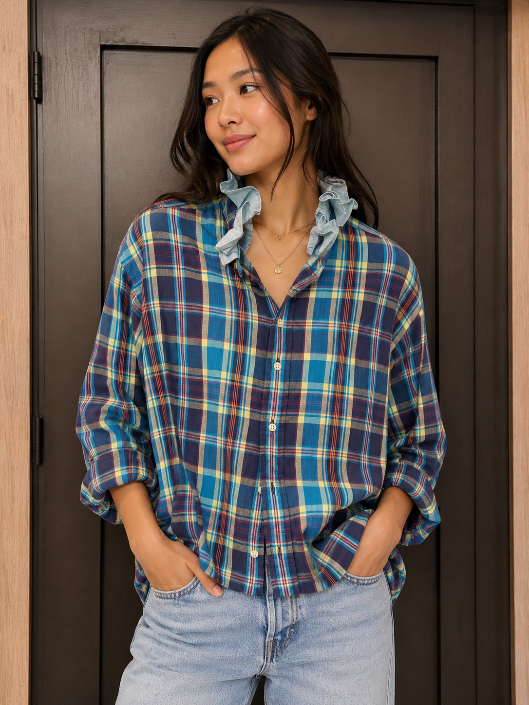 Ralph Lauren Nantucket Plaid Ruffle Shirt — Blue plaid with pale blue ruffle
