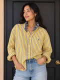 Ralph Lauren Sunshine Stripe Ruffle Shirt — Yellow stripe with navy print ruffle