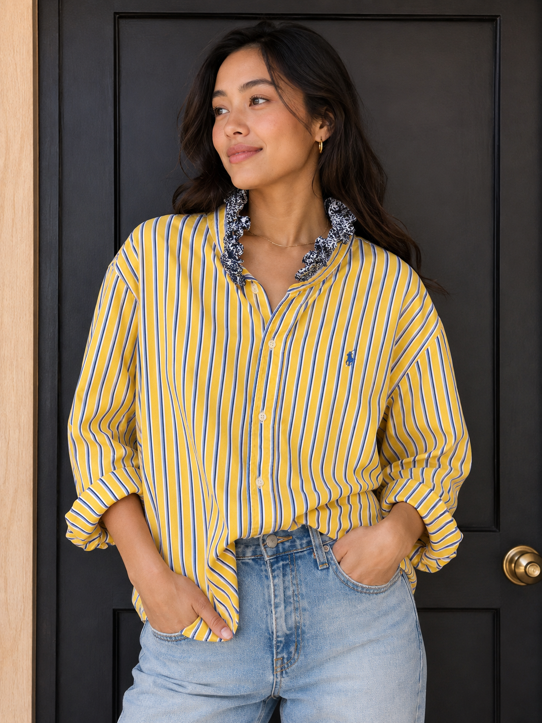 Ralph Lauren Sunshine Stripe Ruffle Shirt — Yellow stripe with navy print ruffle