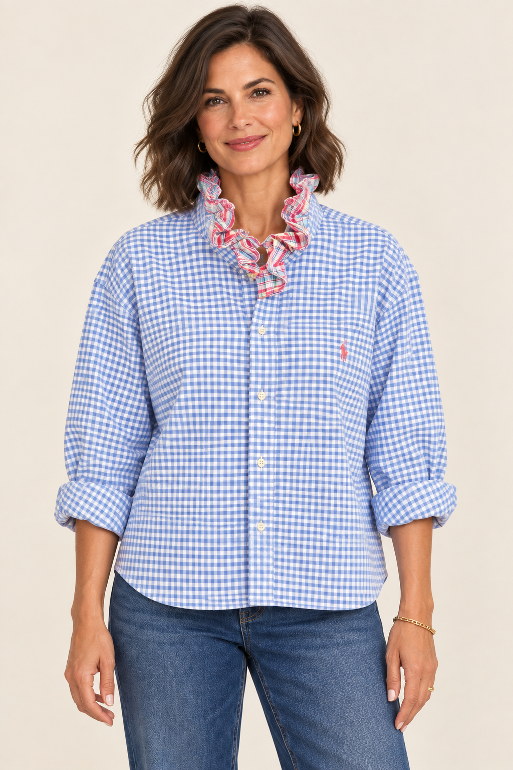 Ralph Lauren Picnic Check Ruffle Shirt — Blue gingham with red plaid ruffle