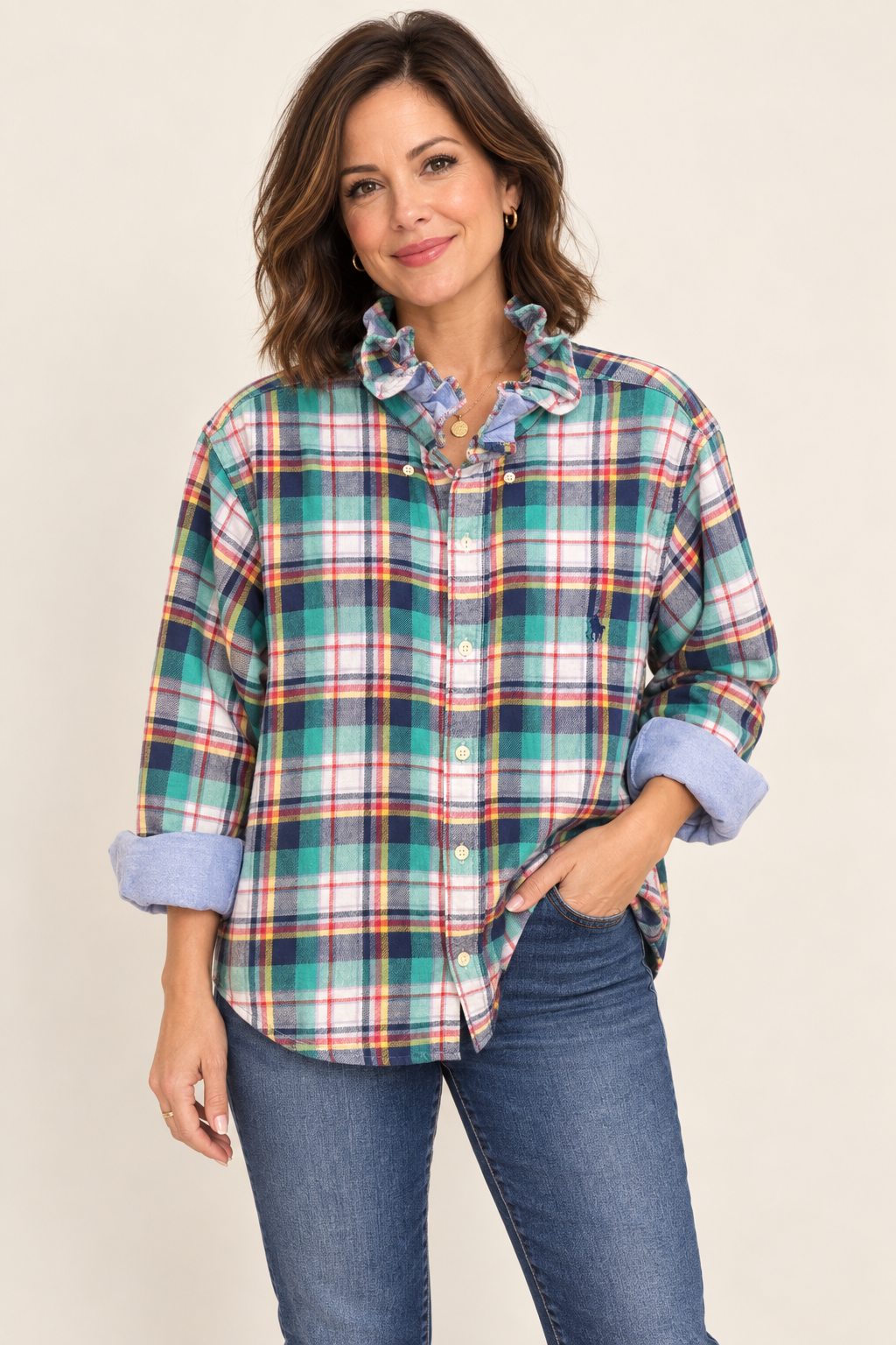 Ralph Lauren Evergreen Plaid Ruffle Shirt — Green and navy plaid with contrast ruffle