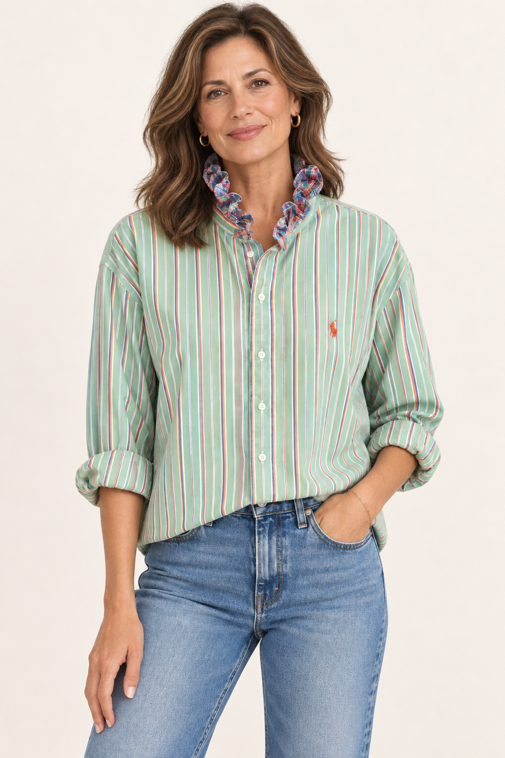Ralph Lauren Mint Stripe Ruffle Shirt — Multicolor stripe with plaid ruffle