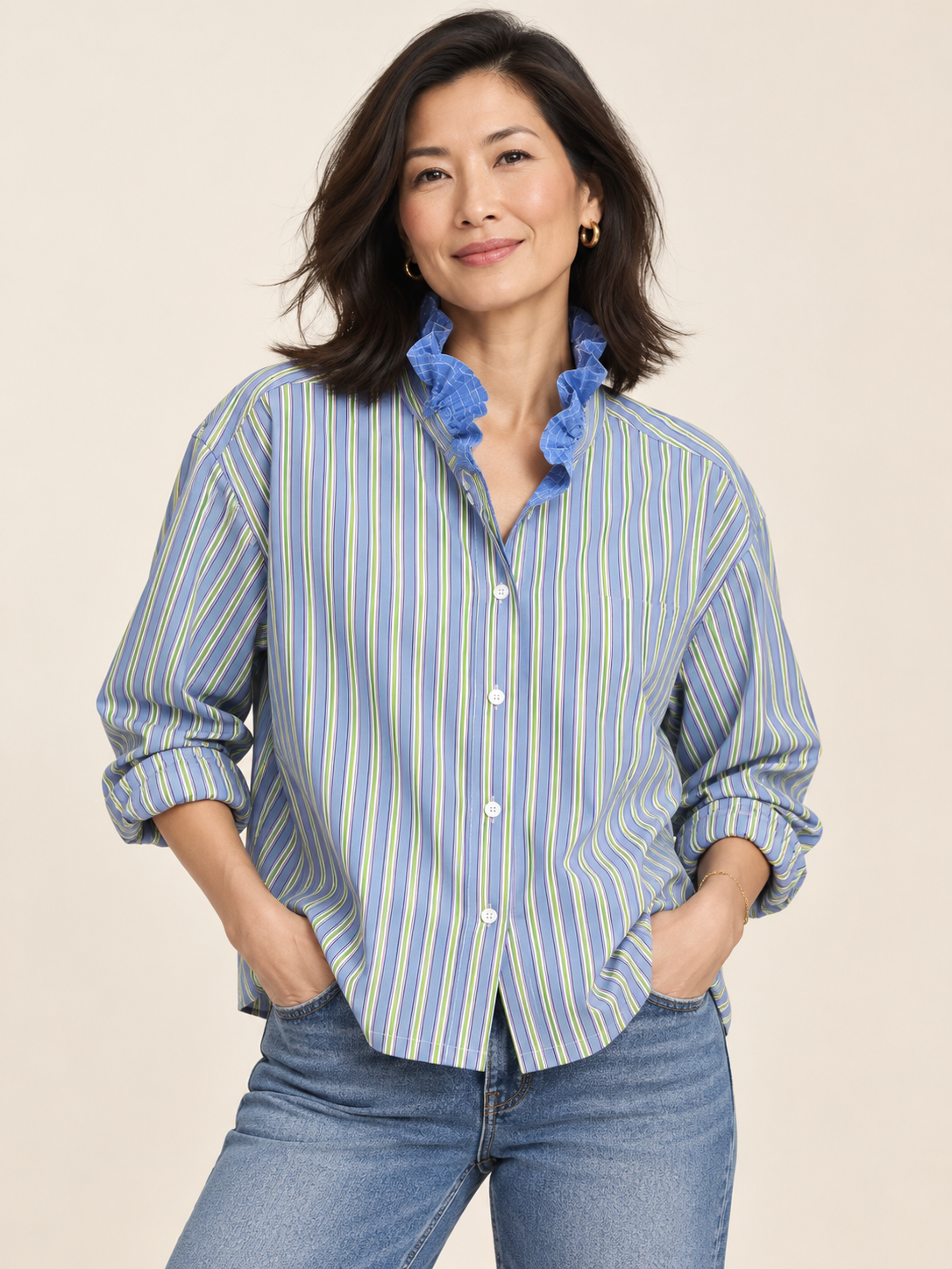 Ralph Lauren Periwinkle Stripe Ruffle Shirt — Multicolor stripe with blue ruffle
