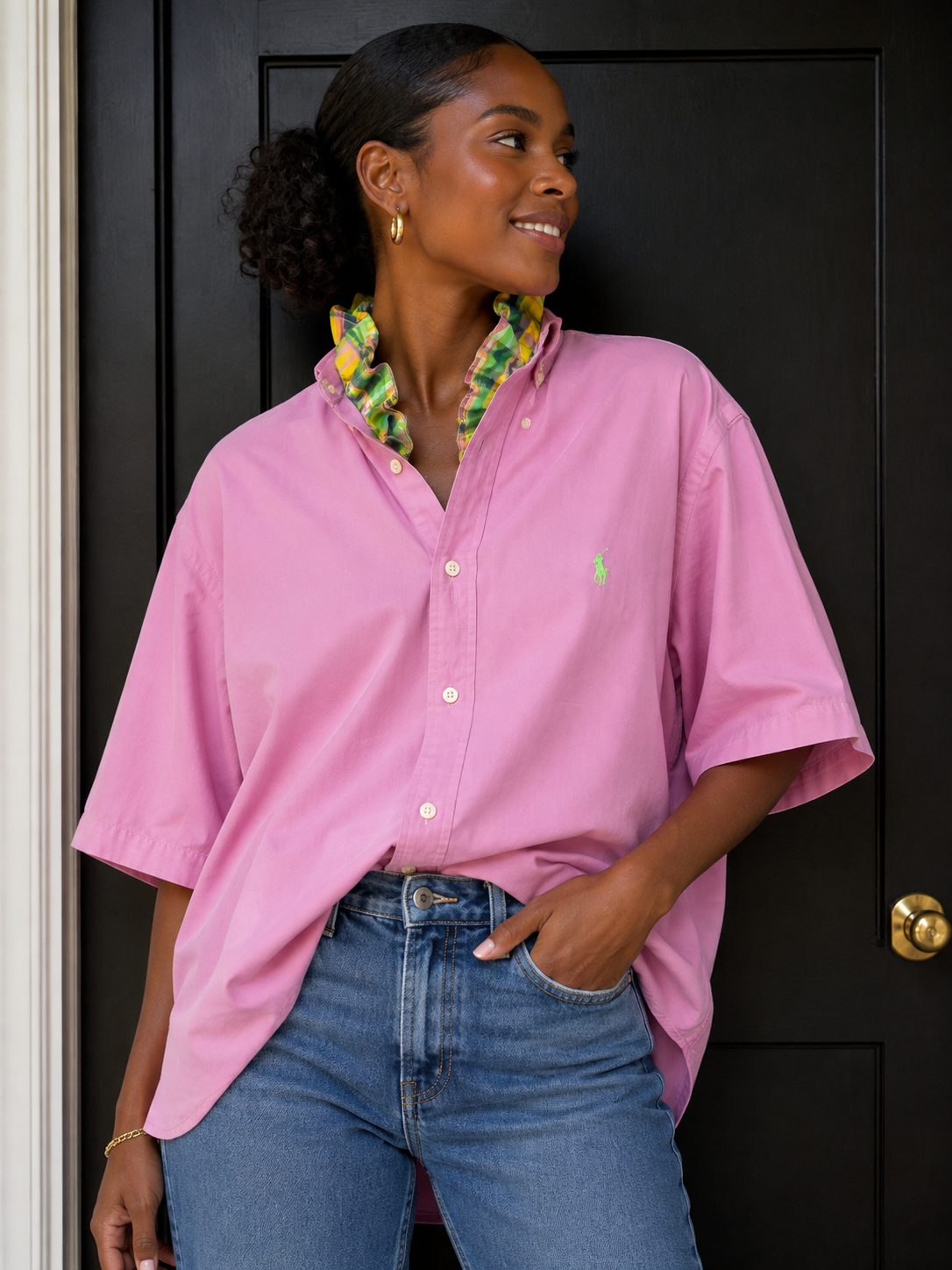 Ralph Lauren Pink Palm Ruffle Shirt — Pink short sleeve with colorful ruffle