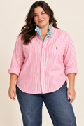Ralph Lauren Cabana Stripe Ruffle Shirt — Pink stripe with aqua print ruffle