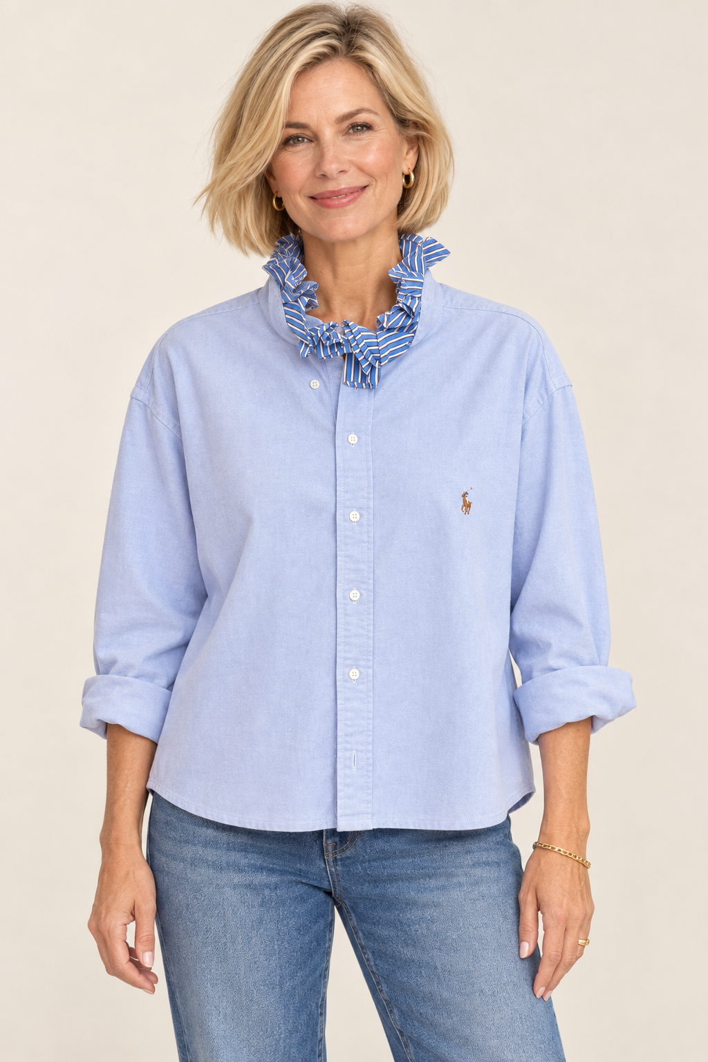 Ralph Lauren Cornflower Ruffle Shirt — Powder blue with striped ruffle