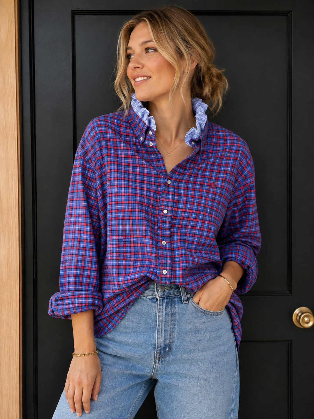 Ralph Lauren Violet Ruffle Shirt — Blue/red plaid with lavender ruffle