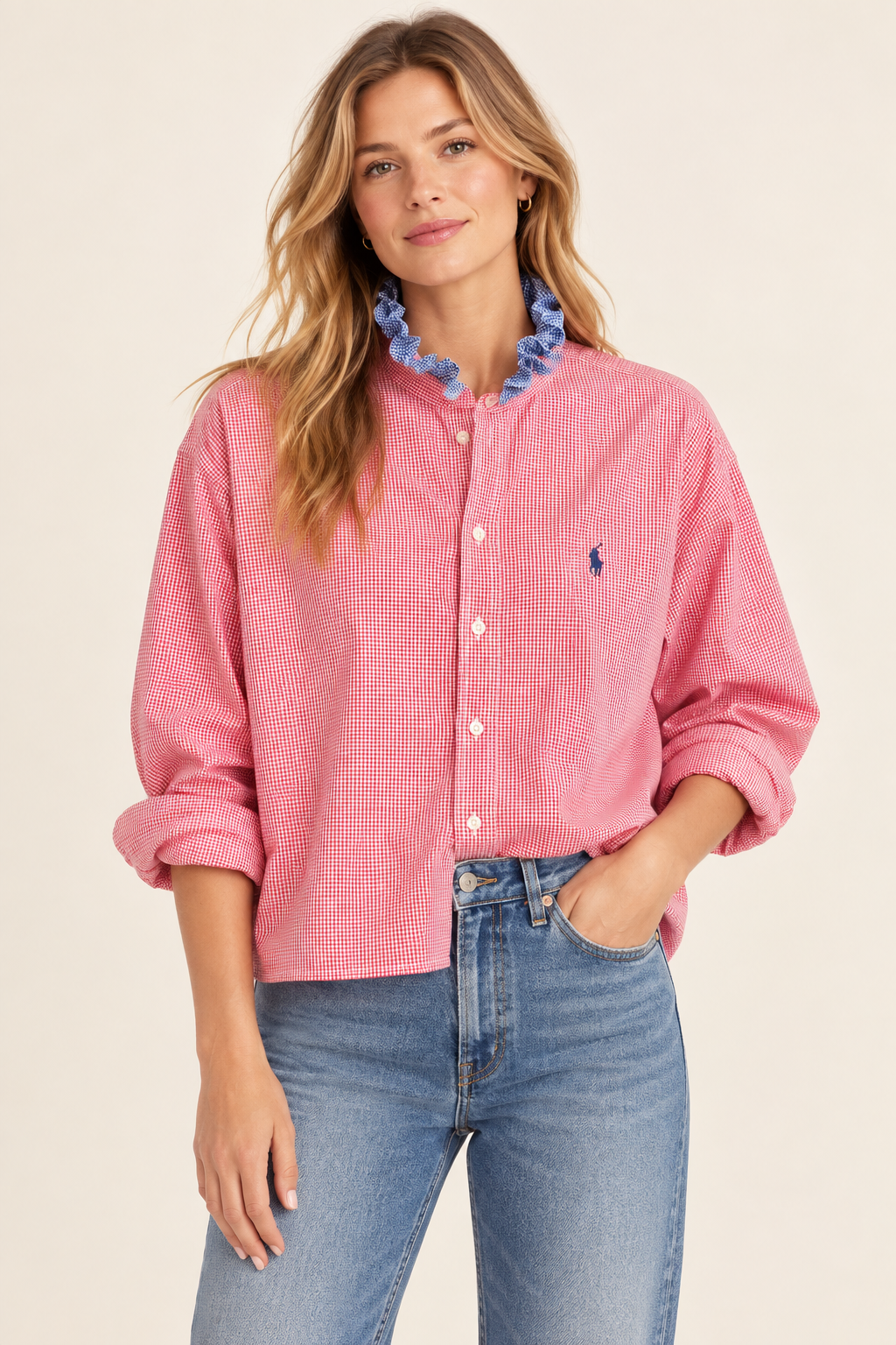 Ralph Lauren Americana Ruffle Shirt — Red gingham with blue print ruffle