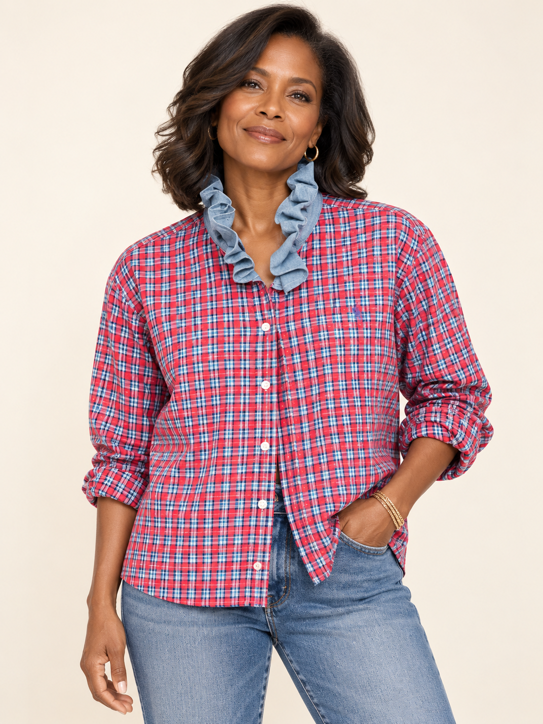 Ralph Lauren Hudson Plaid Ruffle Shirt — Red plaid with chambray ruffle