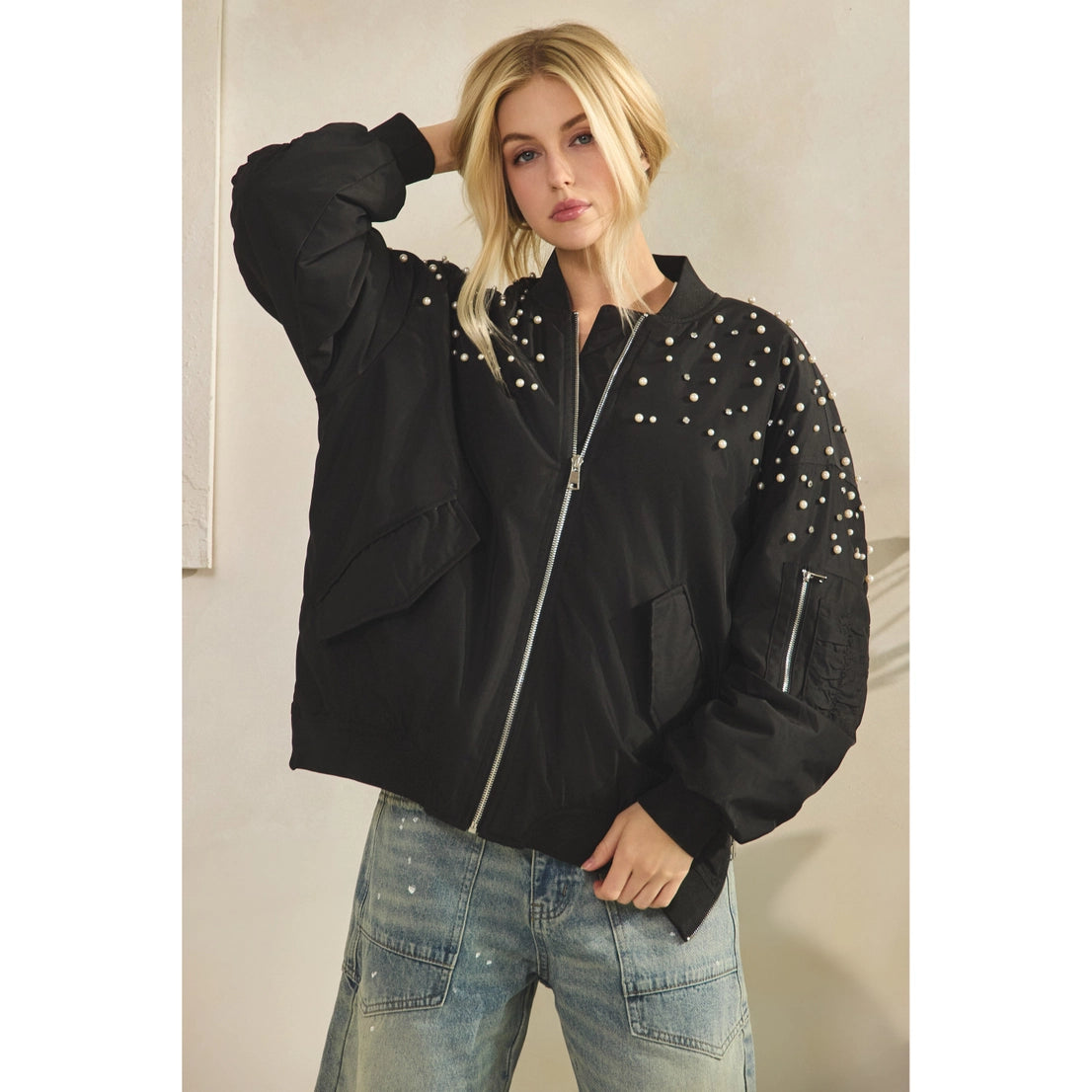 Rhinestone Oversized Bomber Jacket
