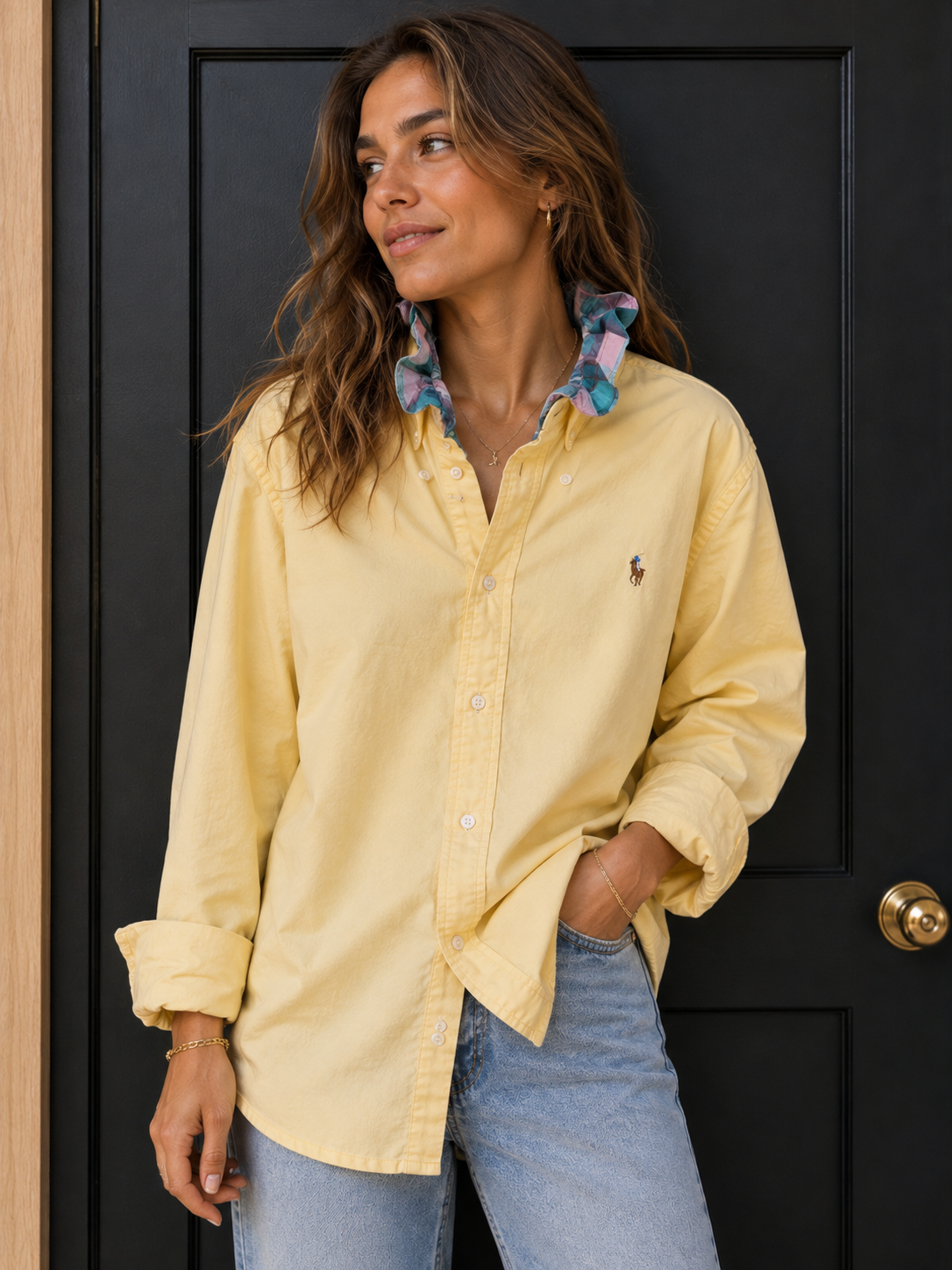 Ralph Lauren Buttercup Ruffle Shirt — Soft yellow with pastel plaid ruffle